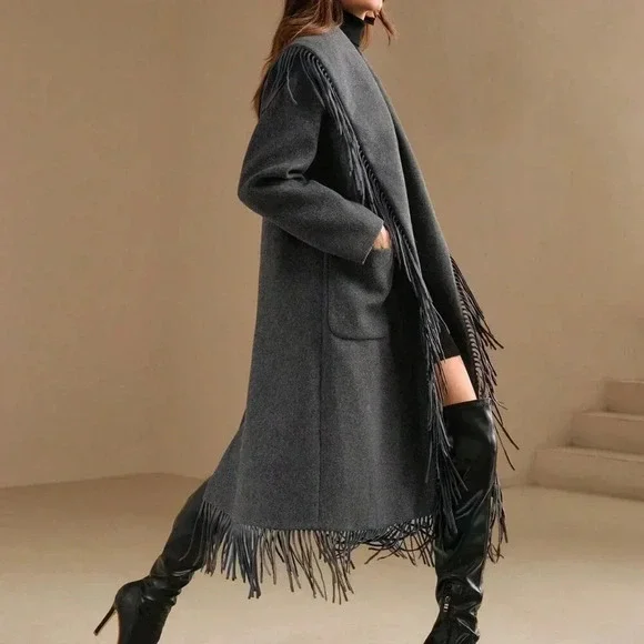 Grey Elegant Women's Faux Fur Collar Wool Blend Jacket With Fringe Trim - Picture 3 of 8